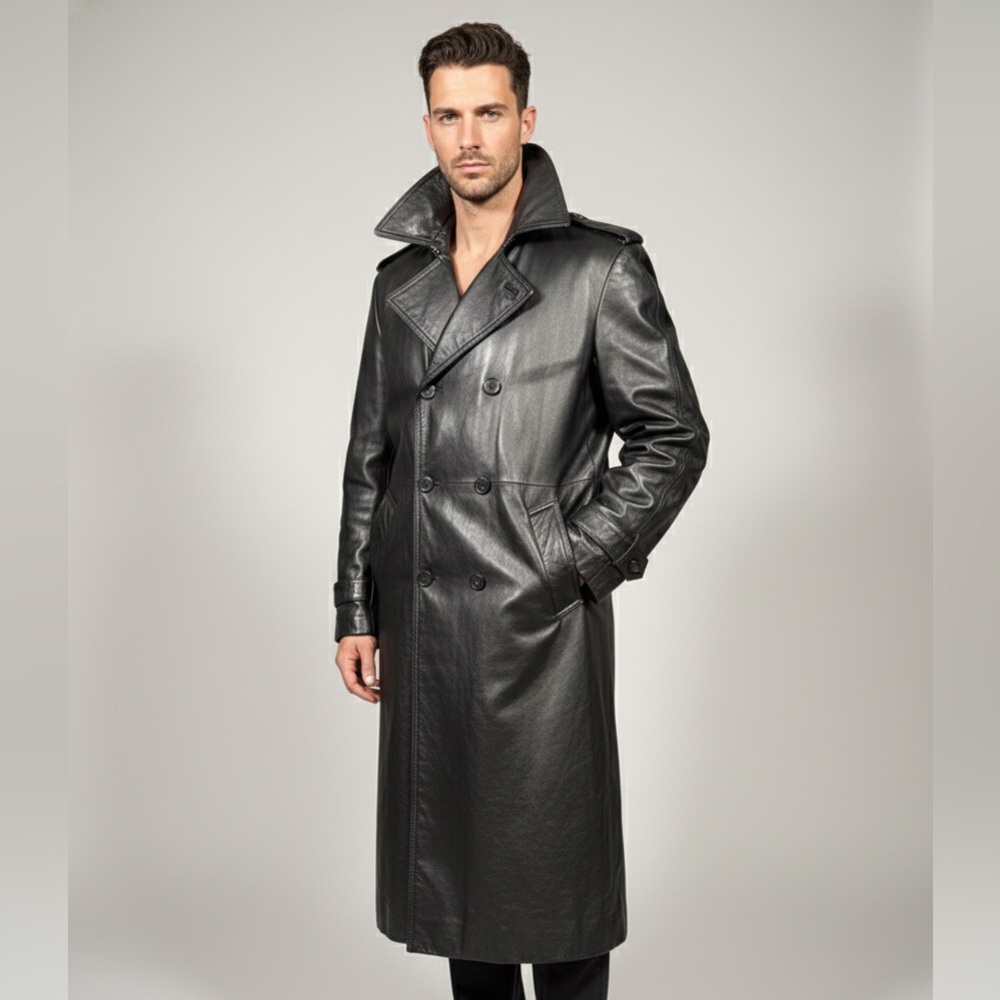 Vtg Aggio Black Leather Long Trench Coat XL P2P 24-25" Double Breasted 90s